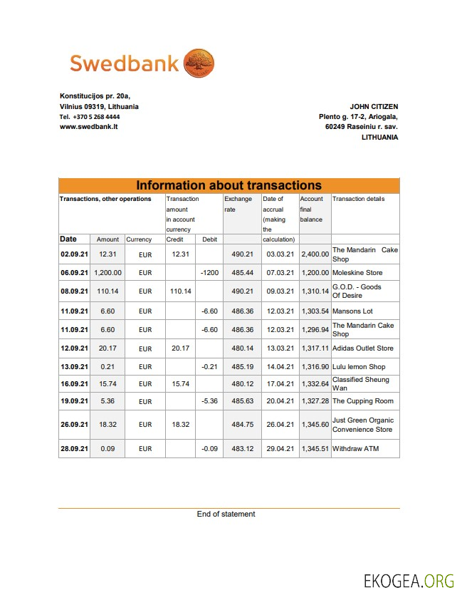 Modèle de relevé bancaire de Lituanie Swedbank facile à remplir au format de fichier .xls et .pdf